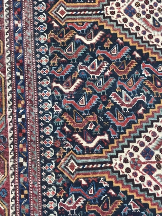 Beautiful antique Khamseh bird rug... so many birds! Great colors and very tight weave. Please, let me know if you need more information or photos. Included photos both of indoor and outdoor  ...