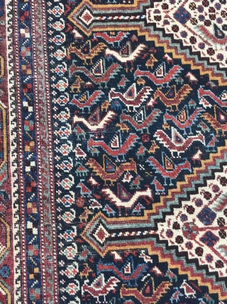 Beautiful antique Khamseh bird rug... so many birds! Great colors and very tight weave. Please, let me know if you need more information or photos. Included photos both of indoor and outdoor  ...