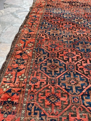 Colorful antique Baluch rug with some animal motifs in the flower border. 3'4" x 5'9".                  