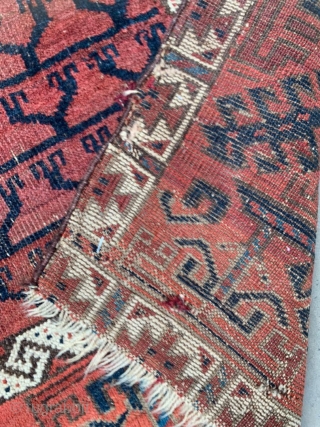 Antique Baluch ensi fragment. Very interesting with Ersari, Yomut, and Tekke features in a Baluch rug. 2'1" x 3'5"              