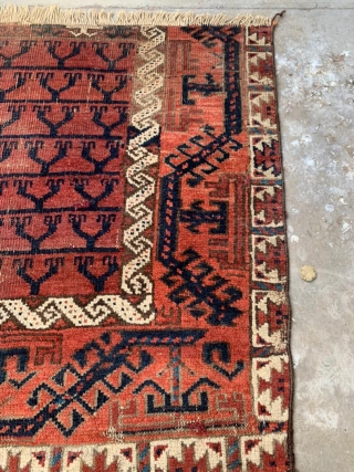Antique Baluch ensi fragment. Very interesting with Ersari, Yomut, and Tekke features in a Baluch rug. 2'1" x 3'5"              