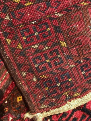 Late 19th - 1900 Ersari Germech. Really nice complete piece. One old hole repair. 1'4" x 3'3" or 40 x 100cm. Natural dyes.          