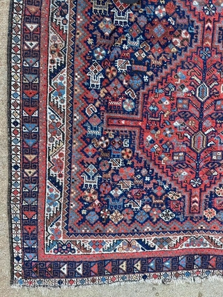 Beautiful antique Shiraz rug. 6'10" x 5'1" or 208 x 155 cm. Available. Contact me at: steven.malloch@gmail.com or gerrerugs@gmail.com              