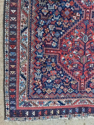 Beautiful antique Shiraz rug. 6'10" x 5'1" or 208 x 155 cm. Available. Contact me at: steven.malloch@gmail.com or gerrerugs@gmail.com              