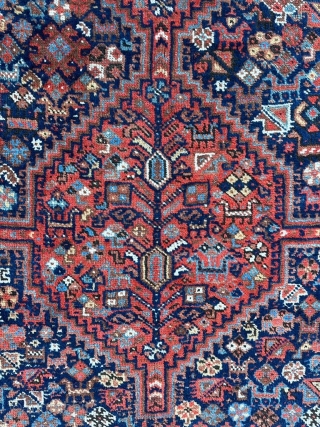 Beautiful antique Shiraz rug. 6'10" x 5'1" or 208 x 155 cm. Available. Contact me at: steven.malloch@gmail.com or gerrerugs@gmail.com              