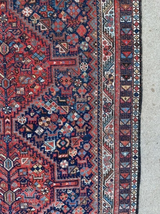 Beautiful antique Shiraz rug. 6'10" x 5'1" or 208 x 155 cm. Available. Contact me at: steven.malloch@gmail.com or gerrerugs@gmail.com              