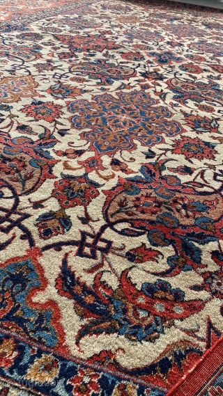 A beautiful antique Isfahan size 360x245, full pile, allover design. Fringe aren't original but repair man make a very nice job. 
           