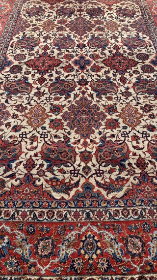 A beautiful antique Isfahan size 360x245, full pile, allover design. Fringe aren't original but repair man make a very nice job. 
           