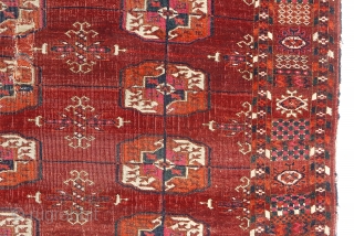 Antique Turkmen Tekke Khali wedding rug. Approx. 48 X 42 inches 122 X 107 cm).
 Last quarter 19th c. Wool on wool, with good colours and soft abrash. Sparing use of cochineal.  ...