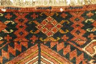 Ersari Torba / Trapping

Antique Ersari torba or trapping, late 19th century. The field contains the "Abrov" pattern, a design in the ikat style influenced by Beshiri type weavings. Wool on wool foundation,  ...
