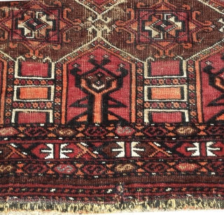 

Classic antique Saryk Torba  (late 19th) illustrating kejebe arches and rows of rosettes within the field; cotton whites and remnants of silk color highlights in the "S" pattern minor border. 

Worn  ...