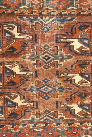 Turkmen - Yomut /  Igdyr, 9 gul chakmak motif with secondary erre  guls in between. Wonderful abrash; velvety wool; with abundant  blue-green colour in the field and border. There  ...