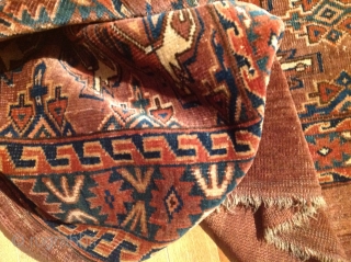 Turkmen - Yomut /  Igdyr, 9 gul chakmak motif with secondary erre  guls in between. Wonderful abrash; velvety wool; with abundant  blue-green colour in the field and border. There  ...