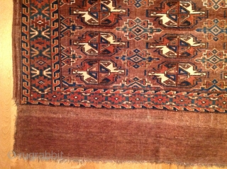 Turkmen - Yomut /  Igdyr, 9 gul chakmak motif with secondary erre  guls in between. Wonderful abrash; velvety wool; with abundant  blue-green colour in the field and border. There  ...