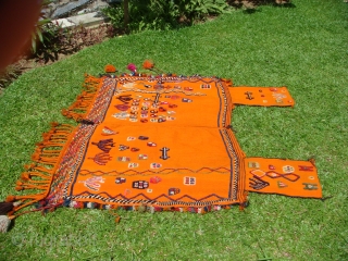 Early 20th Century Q'ashqai Camel Blanket with Decorative symbols and motifs of Stylized Tree Shrubs, Water and Flower Petals. Materials: Wool on Wool on Orange-coloured Ground. In very good condition, consistent with  ...