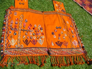 Early 20th Century Q'ashqai Camel Blanket with Decorative symbols and motifs of Stylized Tree Shrubs, Water and Flower Petals. Materials: Wool on Wool on Orange-coloured Ground. In very good condition, consistent with  ...