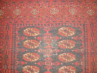 Original, Early 20thC. Afghan Turkmen "Blue" Bokhara. (It is neither of Baluch nor of Pakistani provenance.)
As described by J.K. Mumford in his book "Oriental Rugs" (Bramhall House 1981 edition): "Very rarely a  ...