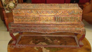 A 19thCentury, Konbaung period, Burmese Kamawaca (Religious text) Box complete with Support Stand. Lacquered and Gold-gilt with coloured mirror-glass inlay . "Thayoe" relief design. Made either with Burmese Teak wood and/or Burmese  ...