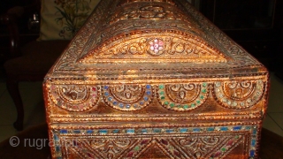 A 19thCentury, Konbaung period, Burmese Kamawaca (Religious text) Box complete with Support Stand. Lacquered and Gold-gilt with coloured mirror-glass inlay . "Thayoe" relief design. Made either with Burmese Teak wood and/or Burmese  ...