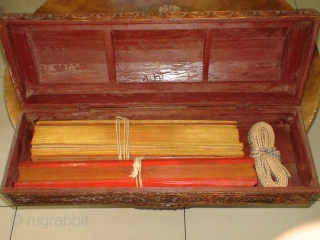 A 19thCentury, Konbaung period, Burmese Kamawaca (Religious text) Box complete with Support Stand. Lacquered and Gold-gilt with coloured mirror-glass inlay . "Thayoe" relief design. Made either with Burmese Teak wood and/or Burmese  ...