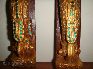 Rare, Antique 19thCentury Burmese Male & Female Guardian Spirit ("Nat") wooden satuettes. Lacquered, Gold-gilt with coloured mirror-glass inlay. Made as handles for a Prayer chamber door and/or cupboard for storing religious articles.  ...