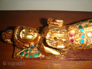 Rare, Antique 19thCentury Burmese Male & Female Guardian Spirit ("Nat") wooden satuettes. Lacquered, Gold-gilt with coloured mirror-glass inlay. Made as handles for a Prayer chamber door and/or cupboard for storing religious articles.  ...