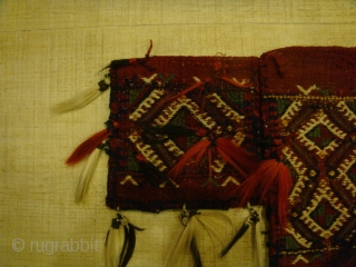 Rare, Early 20th Century Yamoud 3-Piece "Spoon Bag" (Qashoqdan) with Decorative Horsehair Tassels on Front.
Tribal Motif/Design Pattern: Burdock plant. Colours: Maroon-Red, Green and White Design on Front face. Horizontal Stripes of the  ...