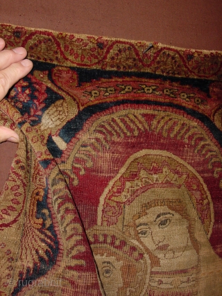 More than 200 y old kirman Maria and Jesus, one large more or lesss repair, selvedges nis a small part,
Later made ones are after this one.....
might be the first...

61x80cm
2x2.7ft    