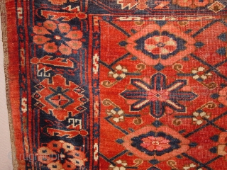 1870 turkoman beshir? large chuwal, with lots of silk knots, some low pile, some wear, see photos closely,, no repairs,
great natural colors

177x99cm
5.9x3.3ft           