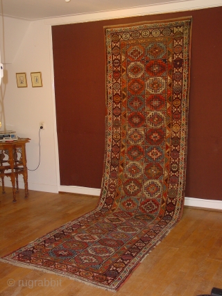 fabulous generous antique moghan long rug, great all natural colors, one small side patch repair, and some corroded brown is rewoven, complete original selvedges and headends, no tears, no holes, no stains,  ...