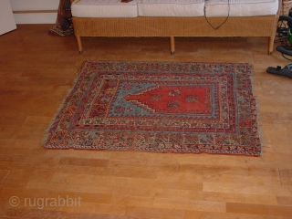 Wonderful pre 1900 mudjur, it has some small repair and some wear as is clear in the photos, its colors are fabulous!, with this heavenly blue and aubergine, etc

115x140cm
3.8x4.7ft    