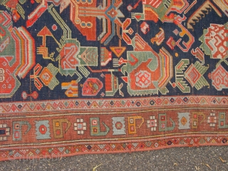 161x315cm  5.4x10.5ft

dated karabagh with stunning natural colors, the greens, blues and warm orange etc,
flat lying, selvedges cut and secured, clean , no holes, no tears two incisisions to make it lay  ...