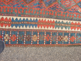 wonderful 1890 antique, main rug with great natural colors, one small, tiny  side repair, some low piule , some corosion, all ends beautifully secured, clean, flat lying, can be used right  ...