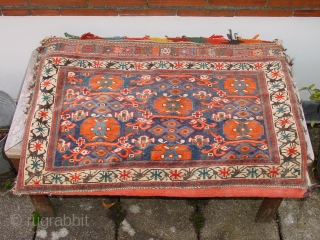 fabulous complete antique  afshar bag, original kelim back, wonderful all most fabulous  natural colors, some low pile in the background area, due to corosion possibly, no tears, no holes, complete  ...