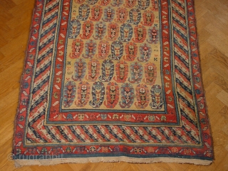 wonderful wool quality, gendjeh ca 1900, great yellow ground, great natural colors, complete original headends, selvedges cut and secured, no stains, no repairs, in a small area some foundation visible, no holes,  ...