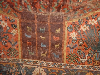 ANTIQUE TRIBAL KAMSEH! Some rugs are so unique and allways a pleasure to loo at...

Great 5 legged animals, and others, great natural colors, mainly in left lower corner old mothite, locally wear,  ...