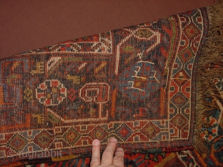 ANTIQUE TRIBAL KAMSEH! Some rugs are so unique and allways a pleasure to loo at...

Great 5 legged animals, and others, great natural colors, mainly in left lower corner old mothite, locally wear,  ...