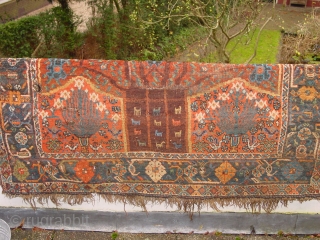 ANTIQUE TRIBAL KAMSEH! Some rugs are so unique and allways a pleasure to loo at...

Great 5 legged animals, and others, great natural colors, mainly in left lower corner old mothite, locally wear,  ...