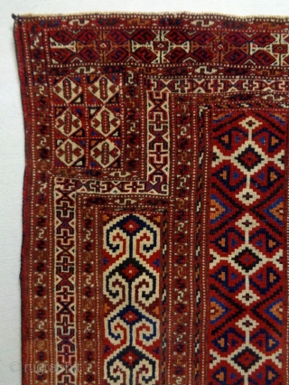 Turkmen Prayer Rug
Size: 86x127cm
Natural colors, made in circa 1910, there is glue at the edges and the a area (see picture 12)           