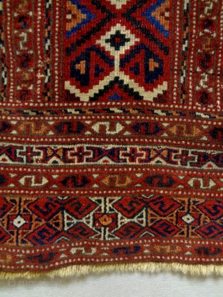 Turkmen Prayer Rug
Size: 86x127cm
Natural colors, made in circa 1910, there is glue at the edges and the a area (see picture 12)           