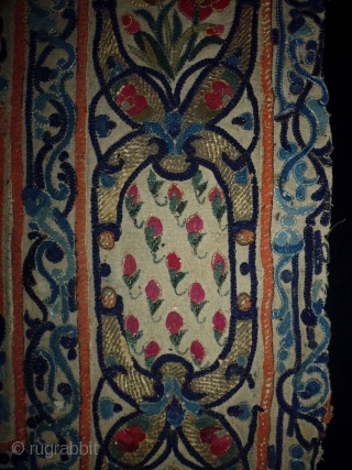 1800/20 Banya Luka Bosnia ottoman Textile
Size: 114x180cm (3.8x6.0ft)
Natural colors, gold thread, the middle medallion is made from dark burgundy velvet, it is used to be hung up.      