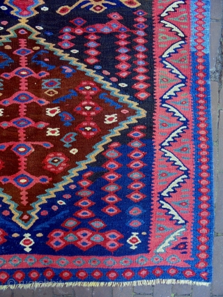 Tribal Bijar Kelim
Size: 117x190cm
Natural colors, made in period 1910, there are two small old repairs (see picture 8)               