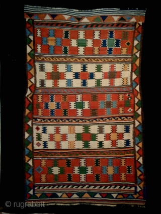 Interesting Design Colorful Nomad Kelim
Size: 150x240cm (5.0x8.0ft)
Natural colors, made in circa 1910                     