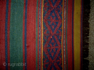 Uzbekh Kelim
Size: 138x263cm (4.6x8.8ft)
Natural colors, made in circa 1910, there are stains and very very small holes.                