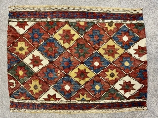 Sweet Shahsavan Sumack mafrash end panel. Cm 42×55. At least end 19th century.
Wonderful all star pattern, also called the ceiling of nomads.
Awesome, natural, deep saturated colors. Condition:2 tiny holes. Really a small,  ...