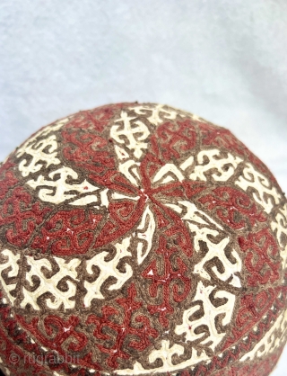 An exceptional and rare antique silk and cotton embroidered Turkmen Yomud  hat. There is a distinctive beauty to a good Turkoman embroidery that is unlike that of their neighboring group, the  ...