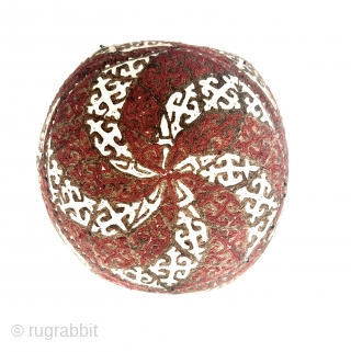 An exceptional and rare antique silk and cotton embroidered Turkmen Yomud  hat. There is a distinctive beauty to a good Turkoman embroidery that is unlike that of their neighboring group, the  ...