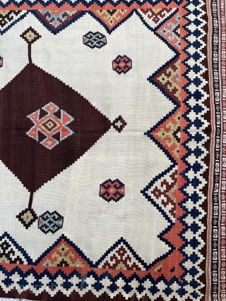 Amazing antique  Qashqai kilim circa 1880 all good natural dyes and good condition wool on wool with few repairs on the green central medallion visible from the photos  ,very fine  ...