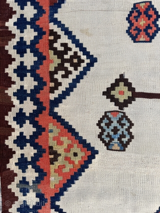 Amazing antique  Qashqai kilim circa 1880 all good natural dyes and good condition wool on wool with few repairs on the green central medallion visible from the photos  ,very fine  ...