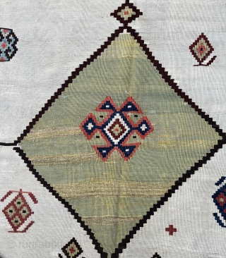 Amazing antique  Qashqai kilim circa 1880 all good natural dyes and good condition wool on wool with few repairs on the green central medallion visible from the photos  ,very fine  ...